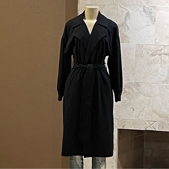 TAHARI black long-line open front trench coat w/belt NWT - Picture 3 of 11